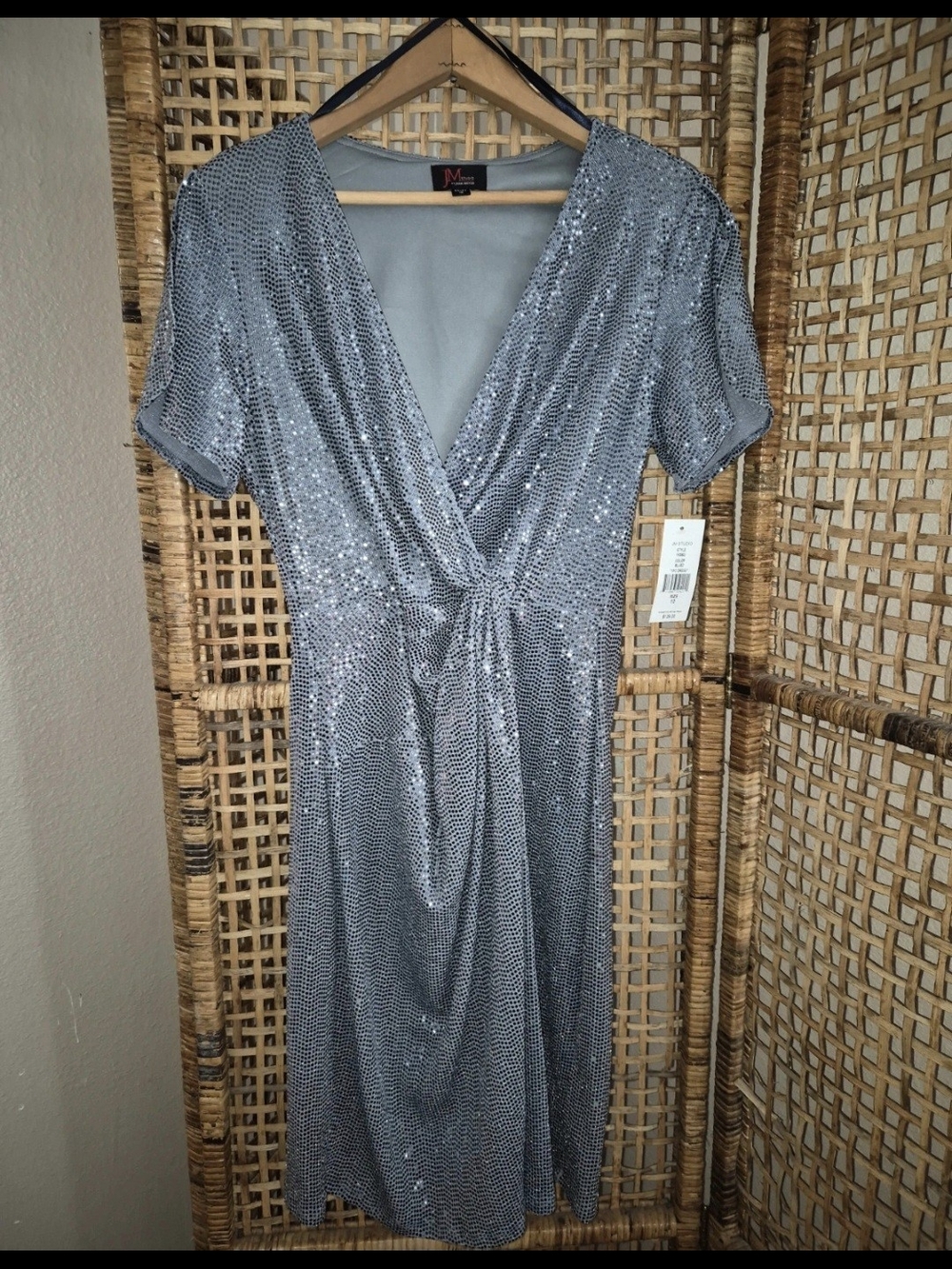 Silver Sequin Midi Dress with V-Neck and Twist Front
